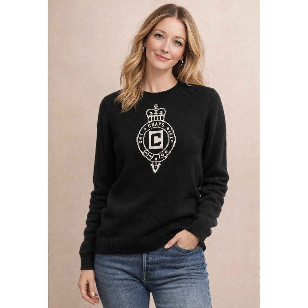 Vintage 90s CHAPS Crest Logo Sweater Black 100% Cotton Made in Hong Kong Size M